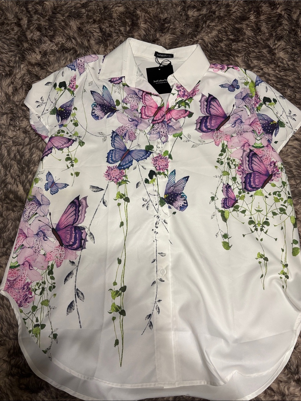 Butterfly Floral Button-Down Shirt - White with Purple & Pink